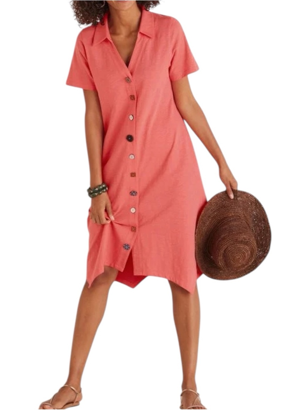 Soft Surroundings Coral Button Front Sharkbite Dress Artsy Boho Cotton Small